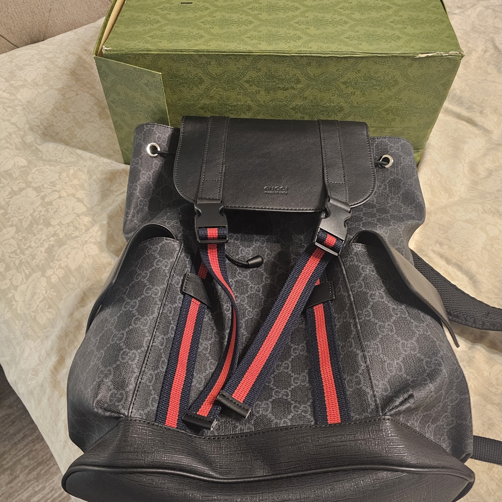 Gucci Black and Gray Backpack with Red Accents